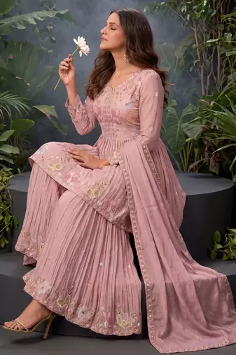 Pink premium chinon sharara suit set with border dupatta