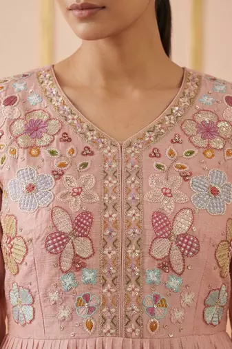 Pink premium chinon sharara suit set with border dupatta