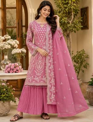 Pink georgette embroidered palazzo suit set with dupatta 1