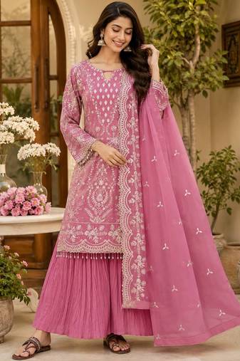 Pink georgette embroidered palazzo suit set with dupatta