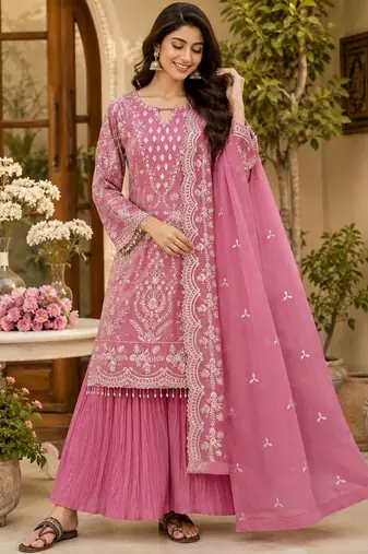 Pink georgette embroidered palazzo suit set with dupatta