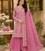 Pink georgette embroidered palazzo suit set with dupatta
