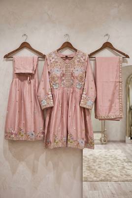 Pink premium chinon sharara suit set with border dupatta 4