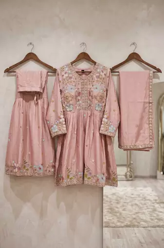 Pink premium chinon sharara suit set with border dupatta