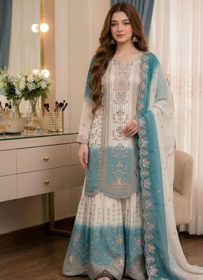 White dual tone georgette embroidered palazzo suit set with cutwork dupatta 1