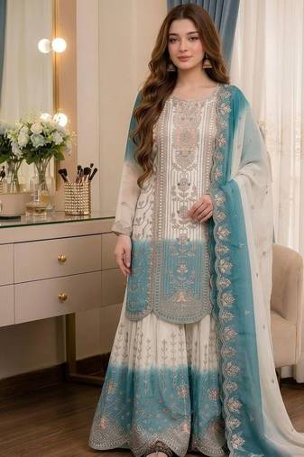 White dual tone georgette embroidered palazzo suit set with cutwork dupatta