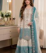 White dual tone georgette embroidered palazzo suit set with cutwork dupatta