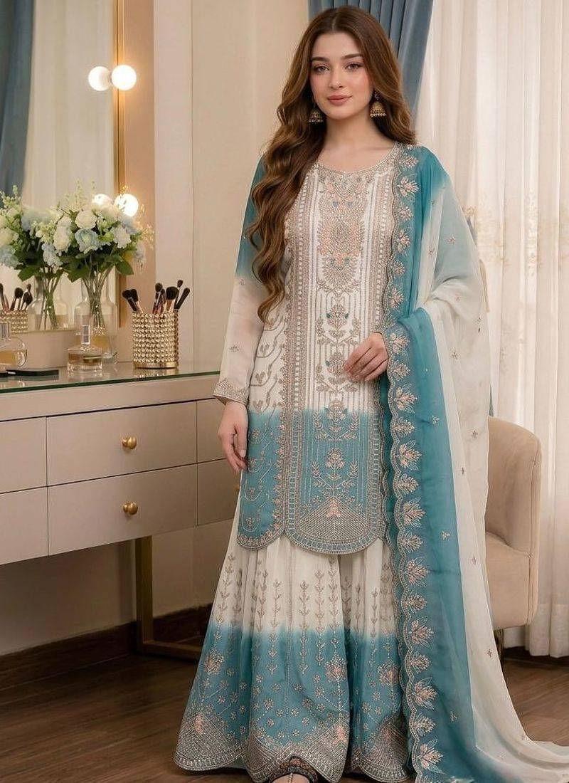White dual tone georgette embroidered palazzo suit set with cutwork dupatta