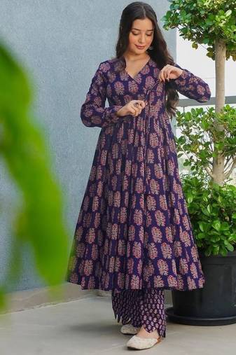 Floral printed rayon v neck navy-blue anarkali set