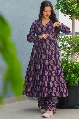 Floral printed rayon v neck navy-blue anarkali set