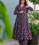 Floral printed rayon v neck navy-blue anarkali set