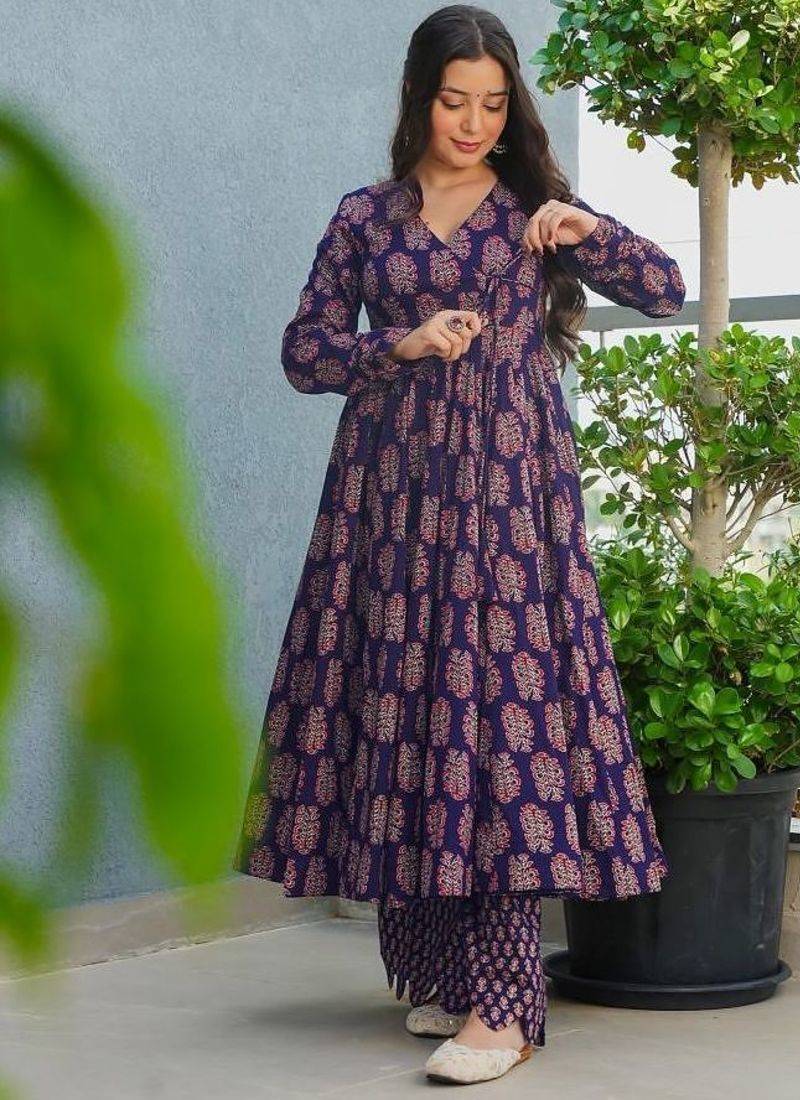 Floral printed rayon v neck navy-blue anarkali set