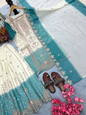 White dual tone georgette embroidered palazzo suit set with cutwork dupatta 4
