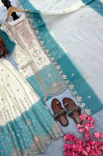 White dual tone georgette embroidered palazzo suit set with cutwork dupatta