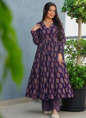 Floral printed rayon v neck navy-blue anarkali set 3
