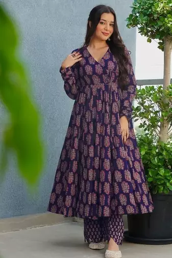 Floral printed rayon v neck navy-blue anarkali set