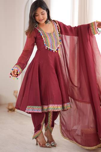 Mroon designer flared top with tulip dhoti & dupatta set