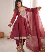 Mroon designer flared top with tulip dhoti & dupatta set