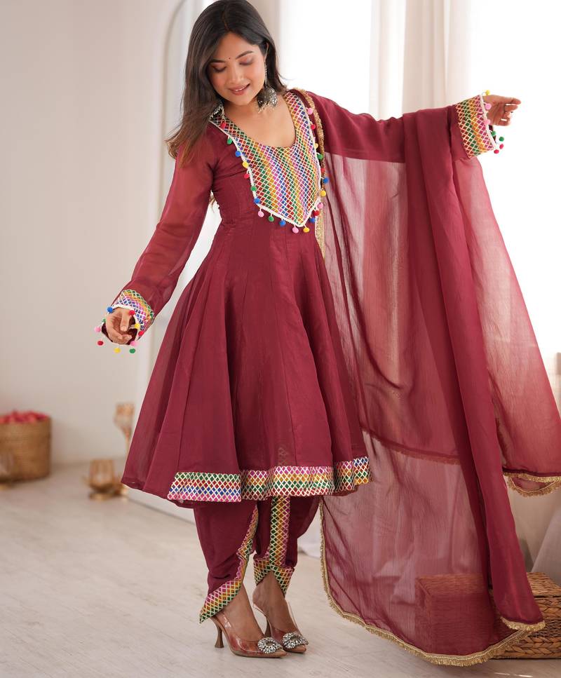 Mroon designer flared top with tulip dhoti & dupatta set