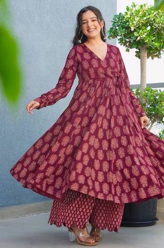 Floral printed rayon v neck maroon anarkali set