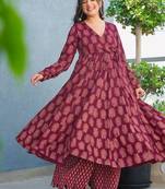 Floral printed rayon v neck maroon anarkali set