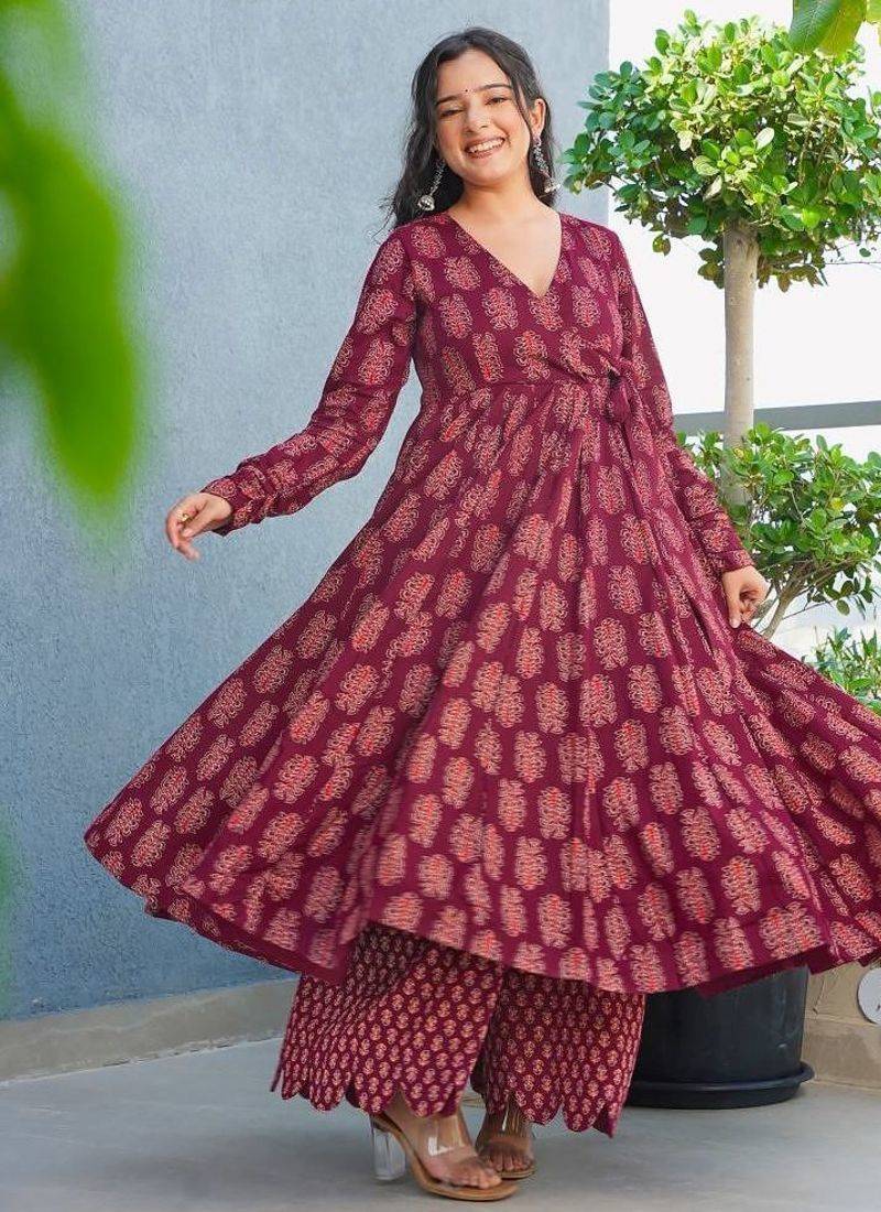 Floral printed rayon v neck maroon anarkali set