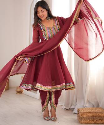 Mroon designer flared top with tulip dhoti & dupatta set 2