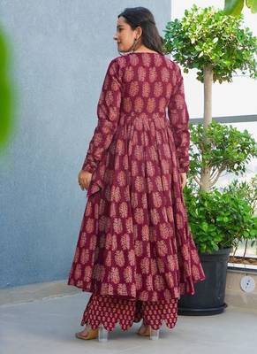 Floral printed rayon v neck maroon anarkali set 2