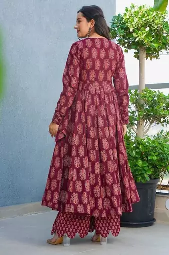 Floral printed rayon v neck maroon anarkali set