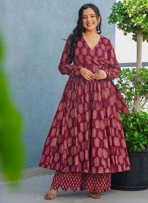Floral printed rayon v neck maroon anarkali set 3