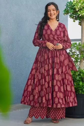 Floral printed rayon v neck maroon anarkali set