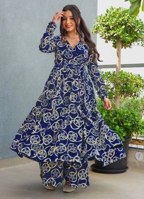 Floral printed rayon v neck blue anarkali set 1