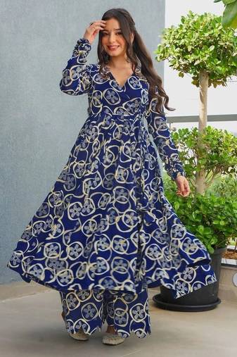 Floral printed rayon v neck blue anarkali set