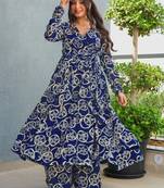 Floral printed rayon v neck blue anarkali set