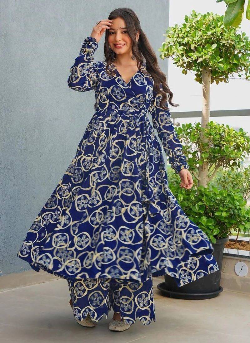 Floral printed rayon v neck blue anarkali set