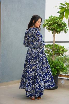 Floral printed rayon v neck blue anarkali set 2