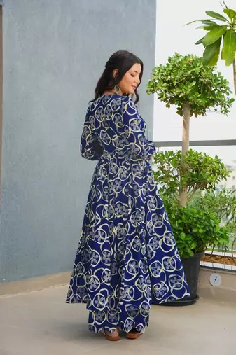 Floral printed rayon v neck blue anarkali set