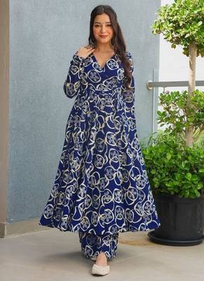 Floral printed rayon v neck blue anarkali set 3