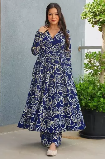 Floral printed rayon v neck blue anarkali set