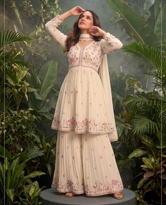 Cream premium chinon sharara suit set with border dupatta 1