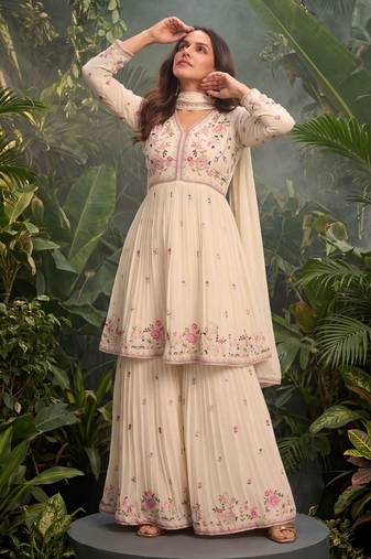 Cream premium chinon sharara suit set with border dupatta