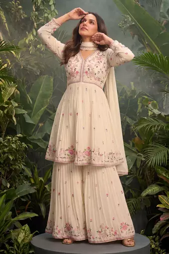 Cream premium chinon sharara suit set with border dupatta