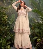 Cream premium chinon sharara suit set with border dupatta