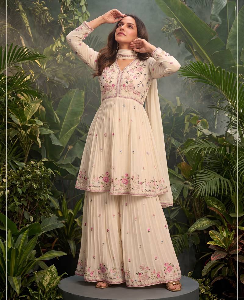 Cream premium chinon sharara suit set with border dupatta