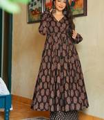Floral printed rayon v neck black anarkali set