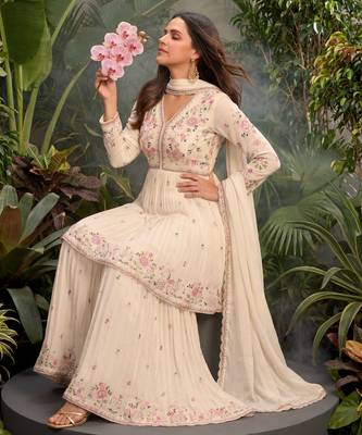Cream premium chinon sharara suit set with border dupatta 2