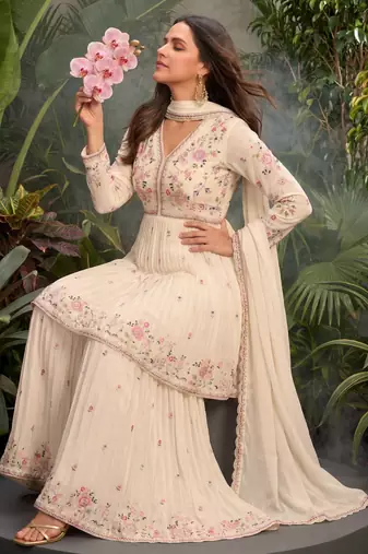 Cream premium chinon sharara suit set with border dupatta