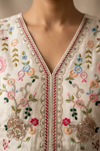 Cream premium chinon sharara suit set with border dupatta