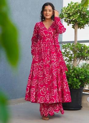 Floral printed rayon v neck pink anarkali set 1