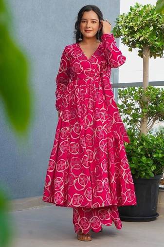 Floral printed rayon v neck pink anarkali set